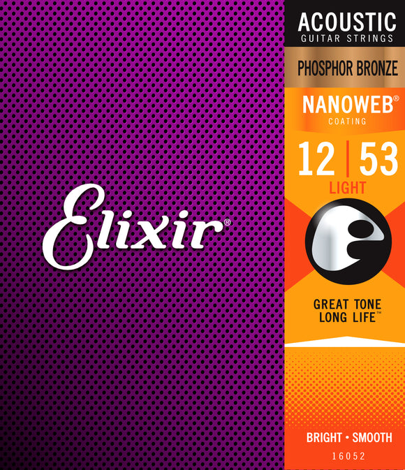Elixir 16052 Nanoweb Phosphor Bronze Light Acoustic Guitar Strings (12-53)